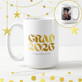 Taza De Café Clase de 2026 Foto Tipografía Negra y Dorada