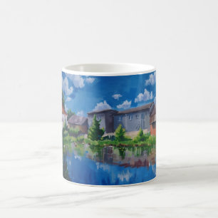 Taza de café clásica con pintura de lago en el pai