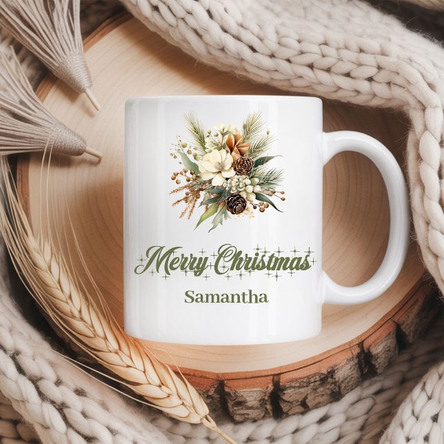 Taza De Café Clásico diseño neutral terroso nombre personalizad (Classic earthy neutral design custom name Christmas mug

)