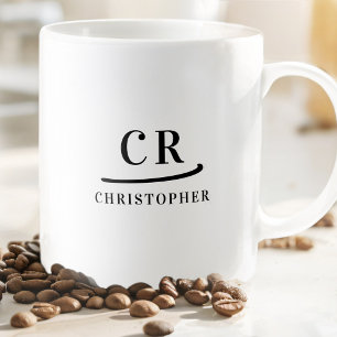 Taza De Café Clásico Elegante Minimalista Blanco Negro Monogram