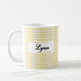 Taza De Café Clásico Gingham Amarillo Nombre Personalizado