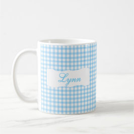 Taza De Café Clásico Gingham Azul Nombre Personalizado