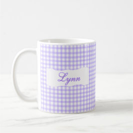 Taza De Café Clásico Gingham Morado Nombre Personalizado