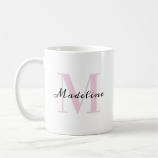 Taza De Café Clásico Minimalista Rosa y Negro Monograma Nombre