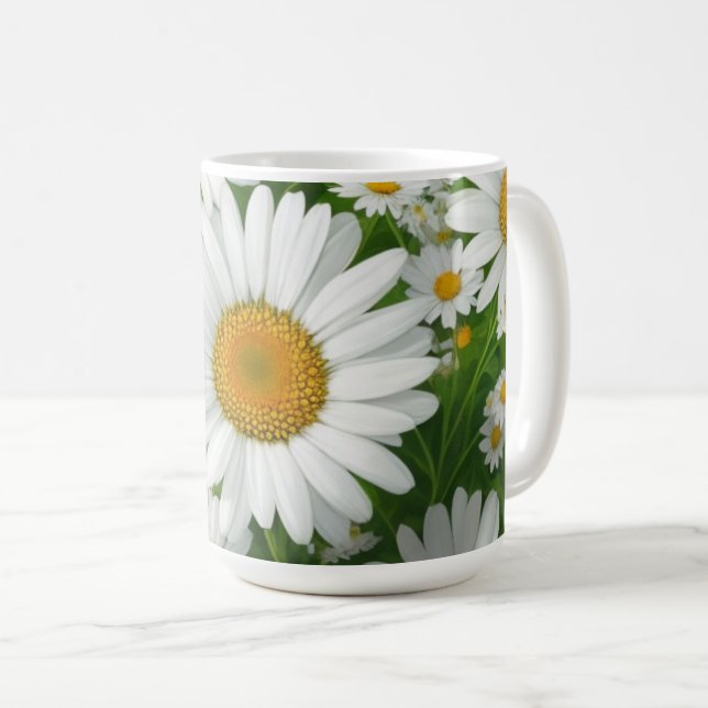Taza De Café Clásico patrón de margarita campo blanco floral ve (Anverso derecho)