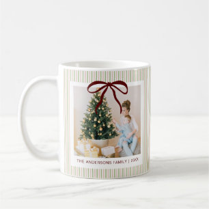 Taza De Café Clásico Rosa Verde Rayas Lazo Rojo Navidad