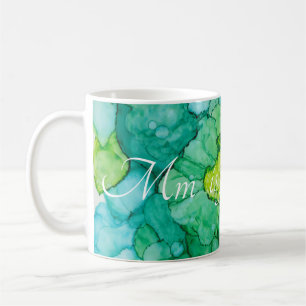 Taza De Café Clásico tazón de café blanco "Flores azules-verdes