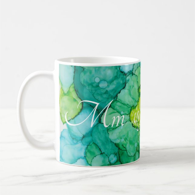 Taza De Café Clásico tazón de café blanco "Flores azules-verdes (Izquierda)