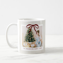 Taza De Café Classic Beige Stripes Red Bow Christmas