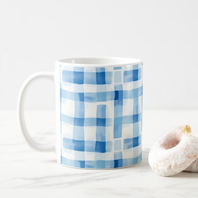 Taza De Café Classic Blue and White Gingham Checkered Pattern (Con donut)