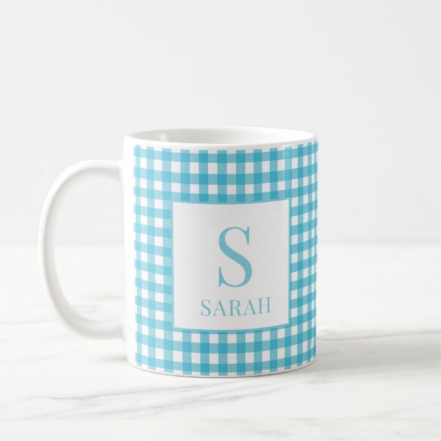 Taza De Café Classic Blue Gingham Plaid Monogram Name (Izquierda)