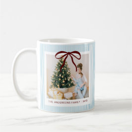 Taza De Café Classic Blue Stripes Red Bow Christmas