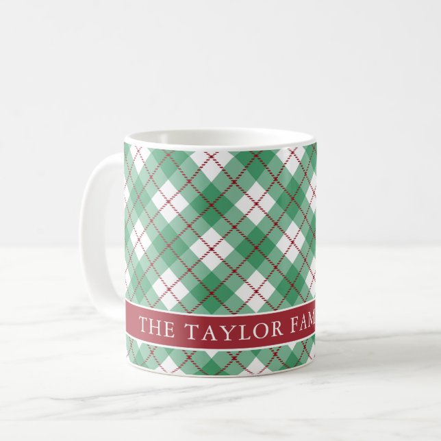 Taza De Café Classic Green Argyle Plaid Preppy Family Name (Anverso izquierdo)