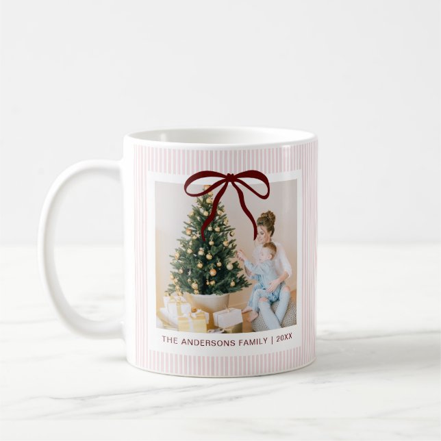 Taza De Café Classic Pink Stripes Red Bow Christmas (Izquierda)