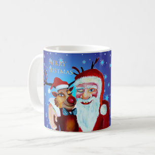 Taza De Café Claus mágico acuarela sonriendo Rudolph