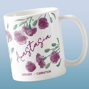 Taza De Café Clavel con nombre personalizado de flor de nacimie
