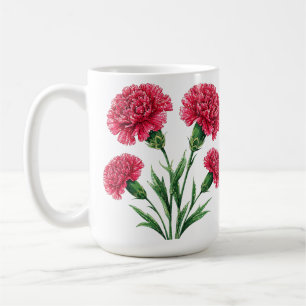 Taza De Café Claveles Rosas Vibrantes Con Tallos Verdes