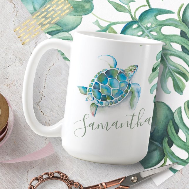 Taza De Café Coastal Blue and Green Sea Turtle Personalized (Tropical coffee mugs sea turtle and palm leaf art by Victoria Grigaliunas of Do Tell A Belle)