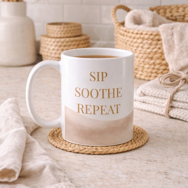Taza De Café Coastal Coffee Ritual Classic Mug, 11 oz (Taupe watercolor wrap with gold Sip Soothe Repeat for refined coffee rituals.)