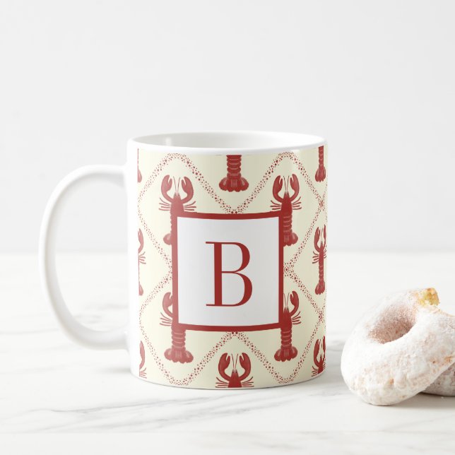 Taza De Café Coastal Lobster Red Cream Diamond Initial Monogram (Con donut)