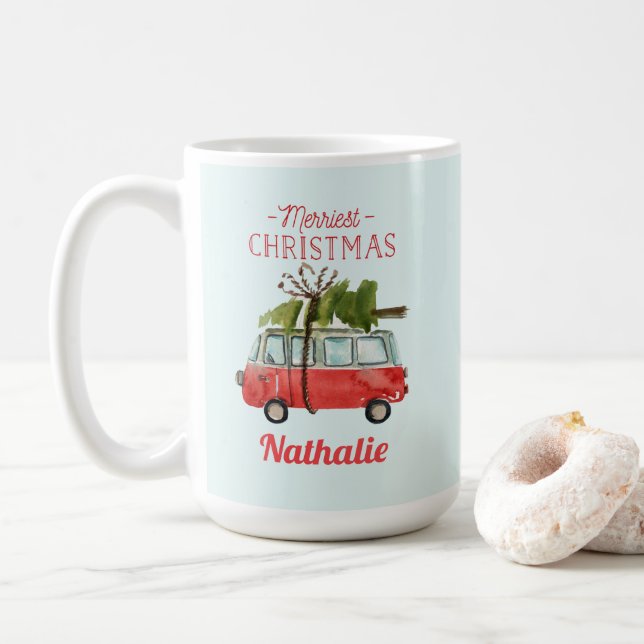 Taza De Café coche acuarela de navidades más alegres (Con donut)