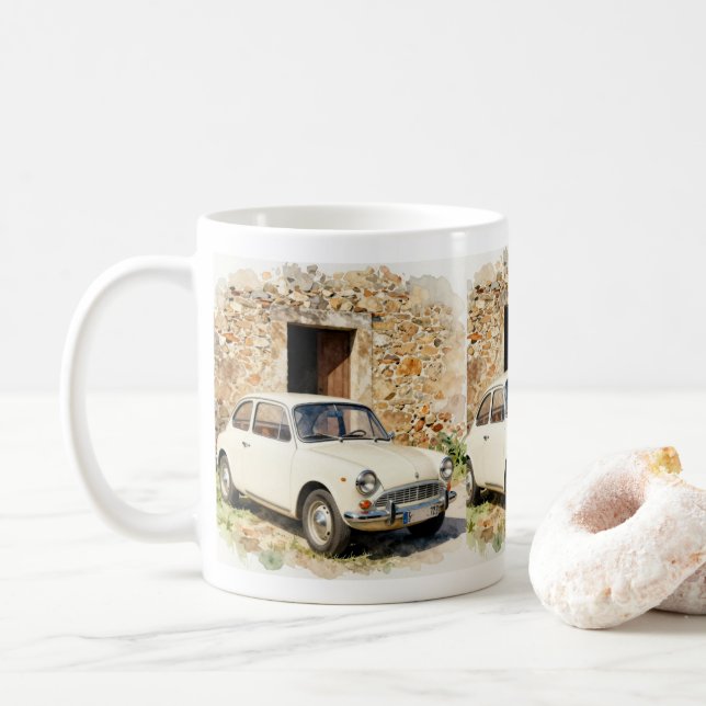 Taza De Café Coche Antiguo junto a Edificio de Piedra (Con donut)