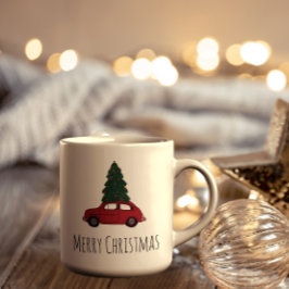 Taza De Café Coche rojo con árbol de Navidad | Minimalista cose