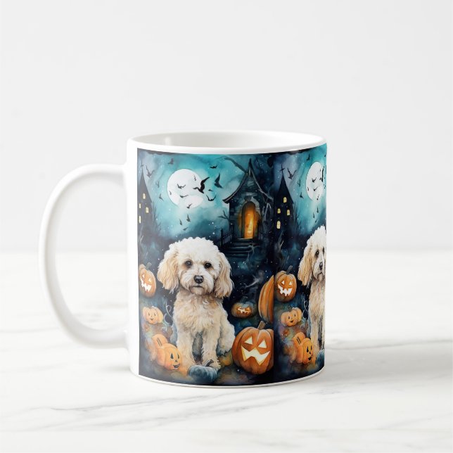 Taza De Café Cockapoo de Halloween con calabazas aterradoras (Izquierda)