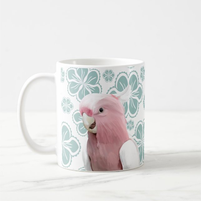 Taza De Café Cockatoo rosa con flores azules (Izquierda)