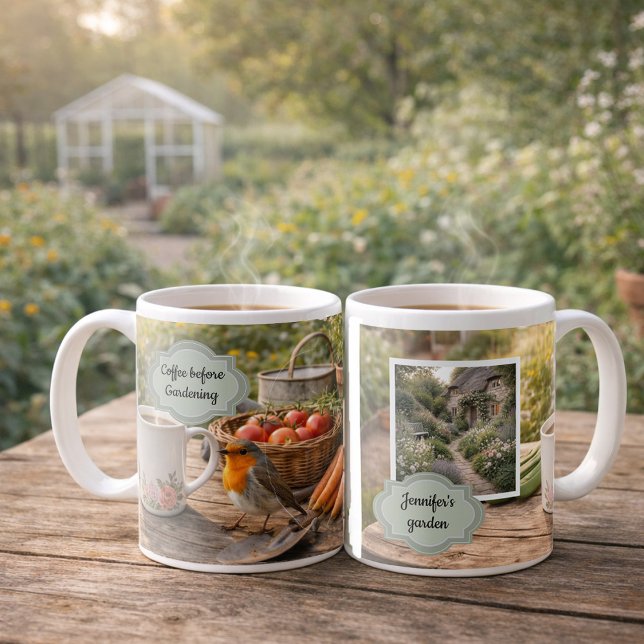 Taza De Café Coffee before gardening robin morning garden photo (Coffee before gardening robin morning garden photo mug. You can add your own photo, name and text.)