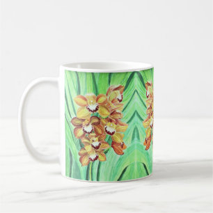 Taza De Café Coffee Cup Mug - Naranja y orquídeas amarillas