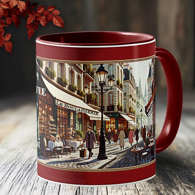 Taza De Café Coffee Love French Retro Bakery Paris (Mug featuring a French city scene in retro style with coffee shops and bakeries)