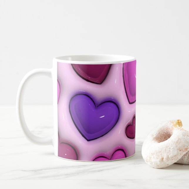 Taza De Café Coffee Mug Con Corazones Glossy 3D (Con donut)