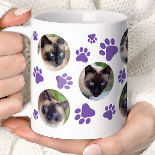 Taza De Café Colage de 8 fotos de huella de gato morado