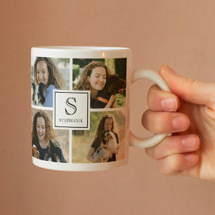 Taza De Café Colage de fotos en rejilla con monograma y nombre 