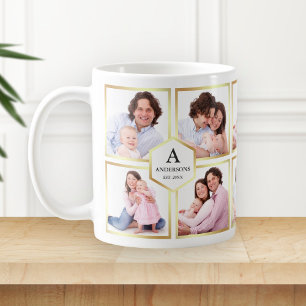 Taza De Café Colage de Fotos Familiares Blanco y Dorado 10 Foto