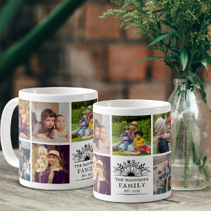 Taza De Café Colage de Fotos Familiares Flor Rústica Blanco y N