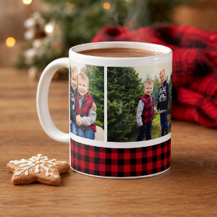 Taza De Café Colage de fotos navideñas de cuadros escoceses roj