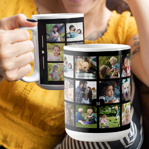 Taza De Café Colage de fotos personalizado con monograma negro