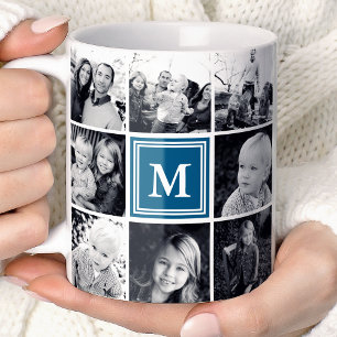 Taza De Café Colaje de Fotos Cuadrado Azul Marino Monogramado P