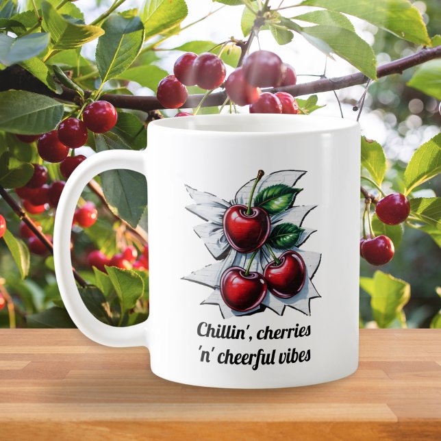 Taza De Café Colas Rojas 'n' vibraciones alegres de moda monogr (A cute mug with cherries picture in a street art style, and monogram on the back)