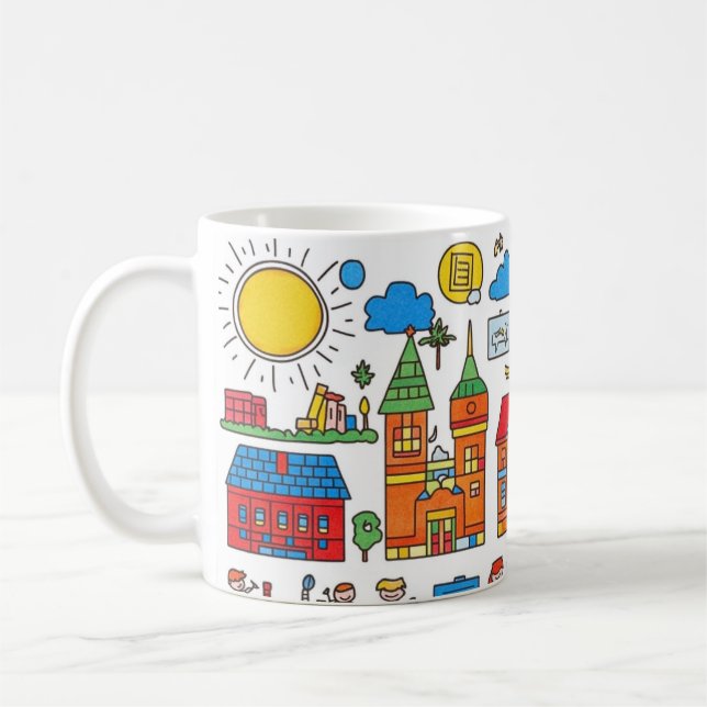 Taza De Café colección colorida de casas, edificios, árboles (Izquierda)