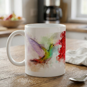 Taza De Café Colibrí al agua pintado alimentándose de una flor 