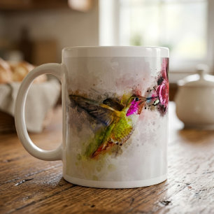 Taza De Café Colibrí alimentándose de flor rosa Acuarela