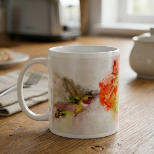 Taza De Café Colibrí en acuarela alimentándose de una vibrante 