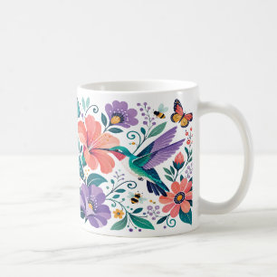 Taza De Café Colibrí en un jardín floral en flor