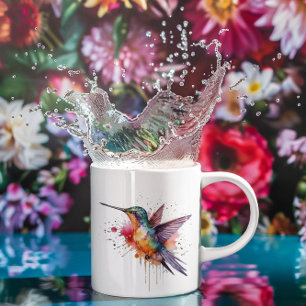 Taza De Café colibrí exótico colorido en acuarela