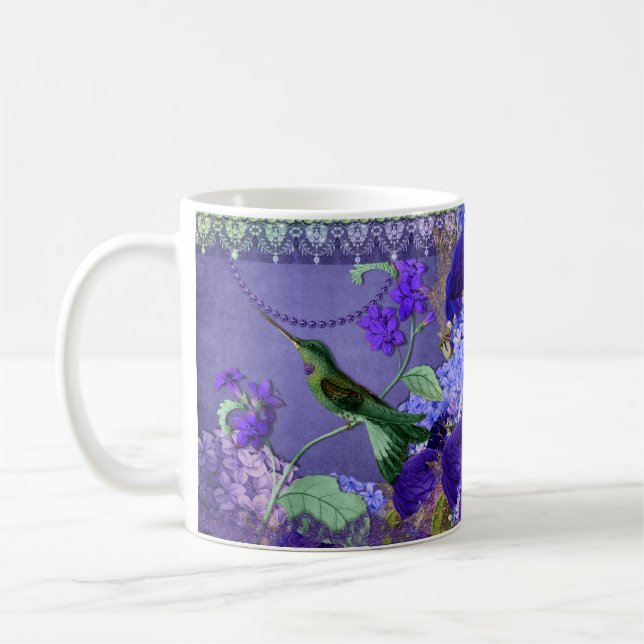 Taza De Café Colibrí sobre el cristal púrpura y encaje con (Izquierda)