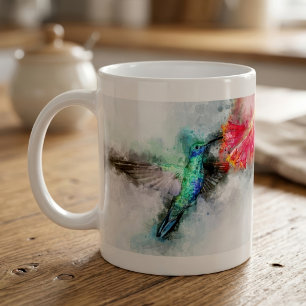 Taza De Café Colibrí volando con flor acuarela - 01