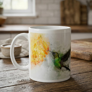 Taza De Café Colibrí volando con flor acuarela - 02